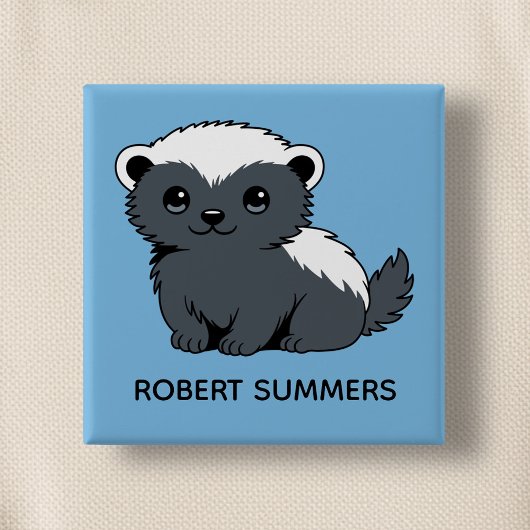 Cute Cartoon Honey Badger Custom Name Blue Button