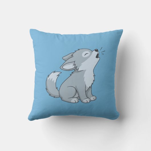 Cute Cartoon Howling Wolf Pup Blue Kissen (Rückseite)