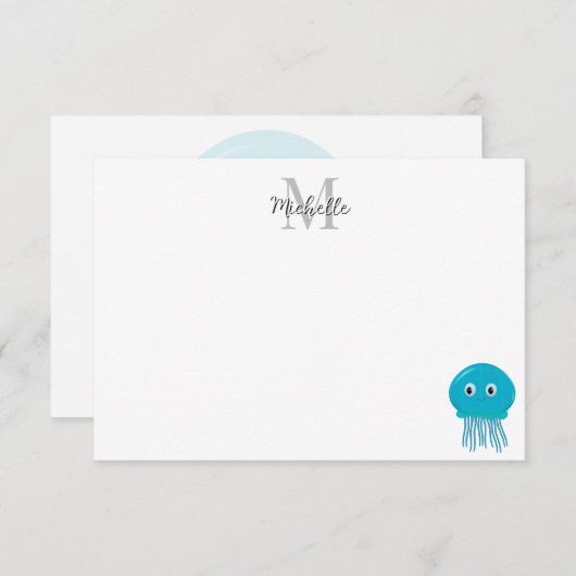Cute Cartoon Jellyfish Custom Monogram Mitteilungskarte (Vorne/Hinten)