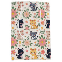 Cute Cartoon Jungle Cats and Flowers
