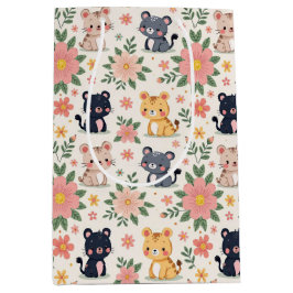 Cute Cartoon Jungle Cats and Flowers Mittlere Geschenktüte