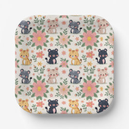 Cute Cartoon Jungle Cats and Flowers Pappteller