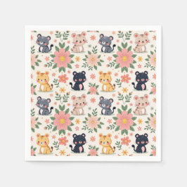 Cute Cartoon Jungle Cats and Flowers Serviette