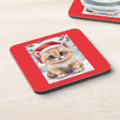 Cute cartoon kitten Christmas fun Getränkeuntersetzer (Linke Seite)
