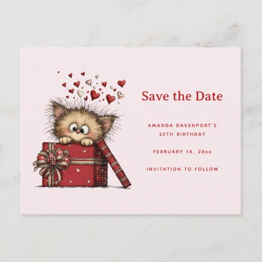 Cute Cartoon Kitten in a Box with Hearts Ankündigungspostkarte (Vorderseite)