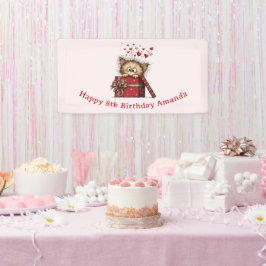 Cute Cartoon Kitten in a Box with Hearts Birthday Banner