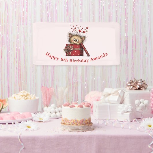 Cute Cartoon Kitten in a Box with Hearts Birthday Banner (Party)