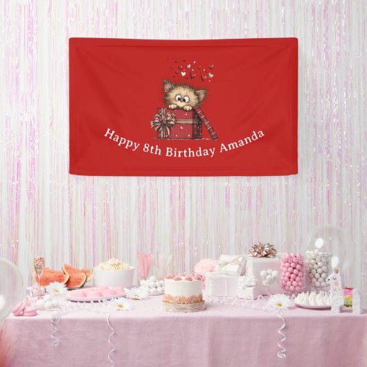 Cute Cartoon Kitten in a Box with Hearts Birthday Banner (Party)