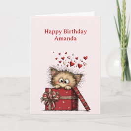 Cute Cartoon Kitten in a Box with Hearts Birthday Karte