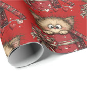 Cute Cartoon Kitten in a Box with Hearts Pattern Geschenkpapier (Rolleneckpunkt)