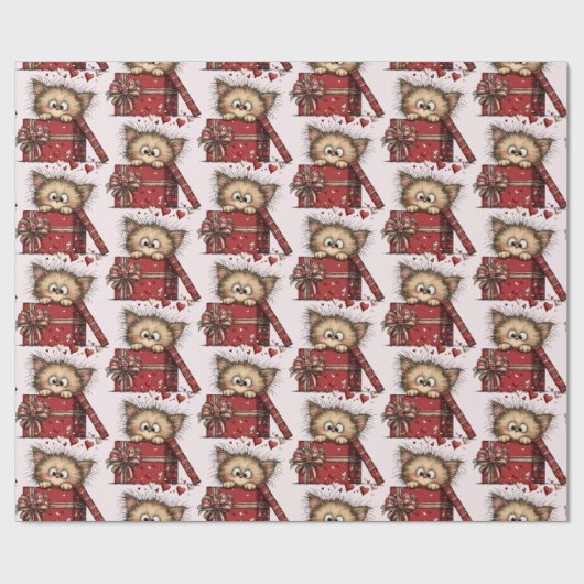 Cute Cartoon Kitten in a Box with Hearts Pattern Geschenkpapier (Flach)