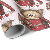 Cute Cartoon Kitten in a Box with Hearts Pattern Geschenkpapier (Rolleneckpunkt)