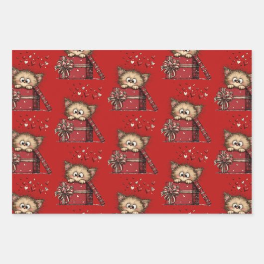 Cute Cartoon Kitten in a Box with Hearts Pattern Geschenkpapier Set (Vorderseite 2)
