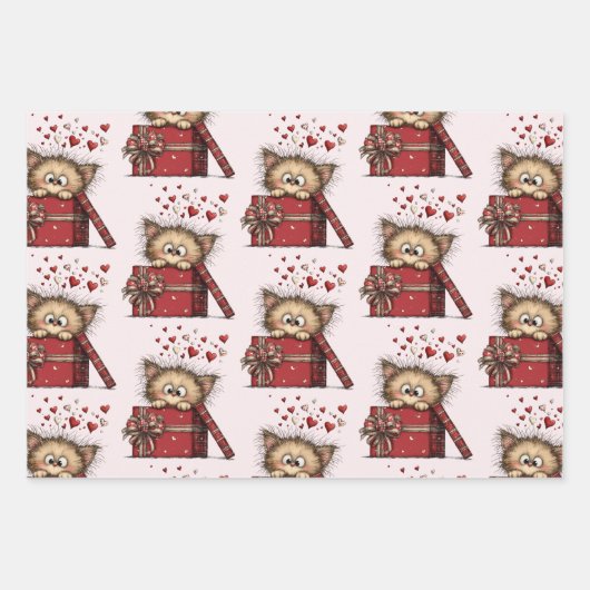Cute Cartoon Kitten in a Box with Hearts Pattern Geschenkpapier Set (Vorderseite)