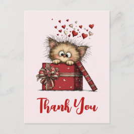 Cute Cartoon Kitten in a Box with Hearts Thank You Postkarte