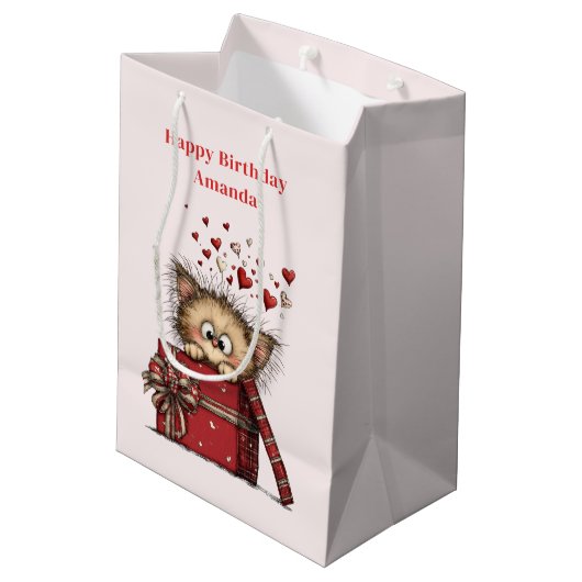 Cute Cartoon Kitten with Hearts Birthday Mittlere Geschenktüte (Rückseite Schrägansicht)