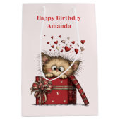 Cute Cartoon Kitten with Hearts Birthday Mittlere Geschenktüte (Vorderseite)