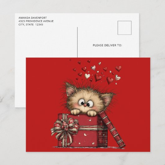 Cute Cartoon Kitten with Hearts Postkarte (Vorne/Hinten)