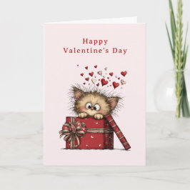 Cute Cartoon Kitten with Hearts Valentine's Day Feiertagskarte