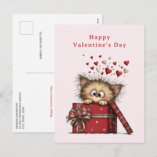 Cute Cartoon Kitten with Hearts Valentine's Day Feiertagspostkarte (Vorne/Hinten)