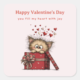 Cute Cartoon Kitten with Hearts Valentine's Day Quadratischer Aufkleber