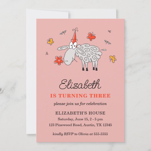Cute Cartoon Lamb Girl Third Birthday Party Einladung (Vorderseite)
