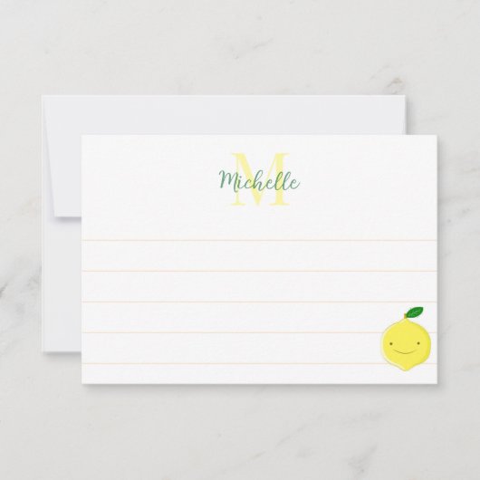 Cute Cartoon Lemon Custom Lined Monogram Mitteilungskarte (Vorderseite)