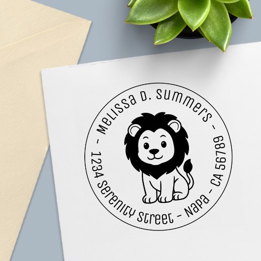 Cute Cartoon Lion Round Address Permastempel