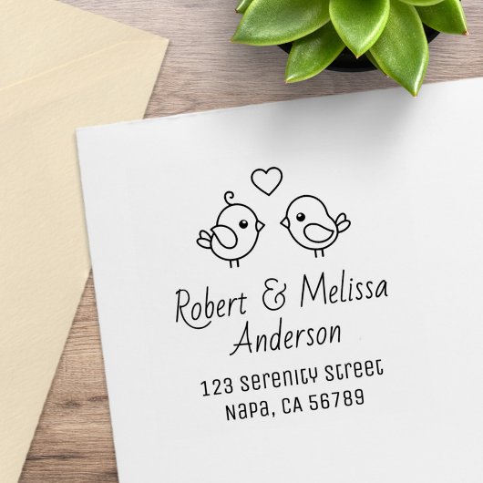 Cute Cartoon Lovebirds Couple Address Gummistempel