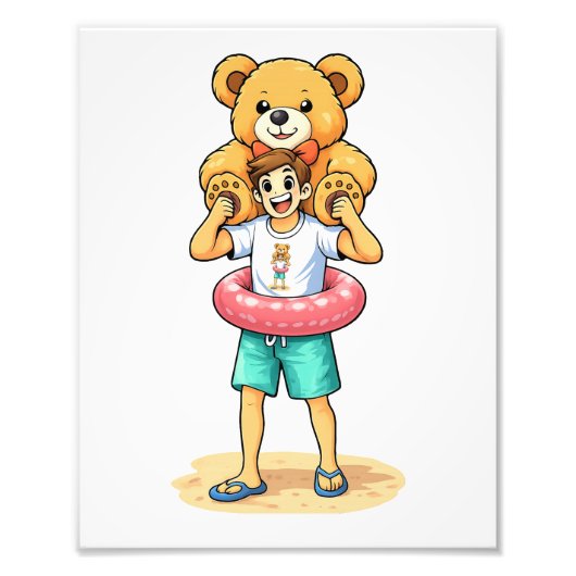 Cute Cartoon Man with Giant Teddy Bear Summer Fun Fotodruck (Vorne)