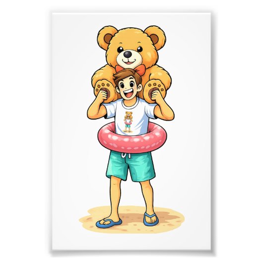 Cute Cartoon Man with Giant Teddy Bear Summer Fun Fotodruck (Vorne)