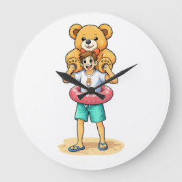 Cute Cartoon Man with Giant Teddy Bear Summer Fun Große Wanduhr