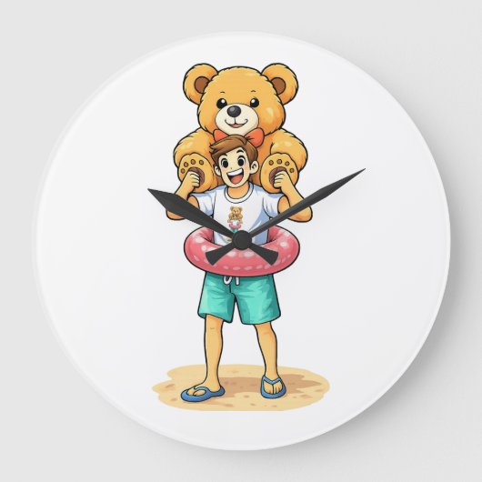 Cute Cartoon Man with Giant Teddy Bear Summer Fun Große Wanduhr (Vorderseite)