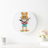 Cute Cartoon Man with Giant Teddy Bear Summer Fun Große Wanduhr (Zuhause)