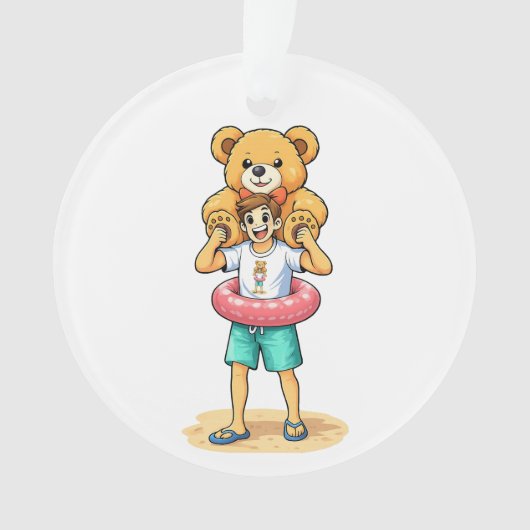 Cute Cartoon Man with Giant Teddy Bear Summer Fun Ornament (Vorderseite)