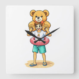 Cute Cartoon Man with Giant Teddy Bear Summer Fun Quadratische Wanduhr