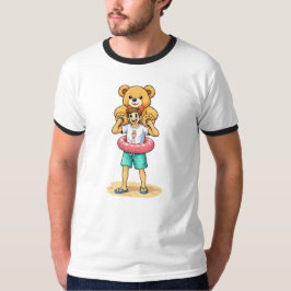 Cute Cartoon Man with Giant Teddy Bear Summer Fun T-Shirt
