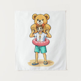 Cute Cartoon Man with Giant Teddy Bear Summer Fun Wandteppich
