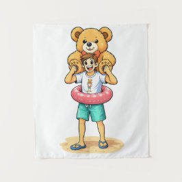 Cute Cartoon Man with Giant Teddy Bear Summer Fun Wandteppich