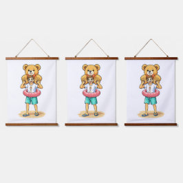Cute Cartoon Man with Giant Teddy Bear Summer Fun Wandteppich Mit Holzrahmen
