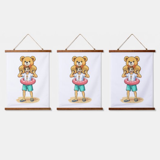 Cute Cartoon Man with Giant Teddy Bear Summer Fun Wandteppich Mit Holzrahmen (Dreifach)