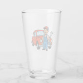 Cute Cartoon Mechanic with Red Car Illustration Glas (Rückseite)