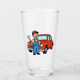 Cute Cartoon Mechanic with Red Car Illustration Glas