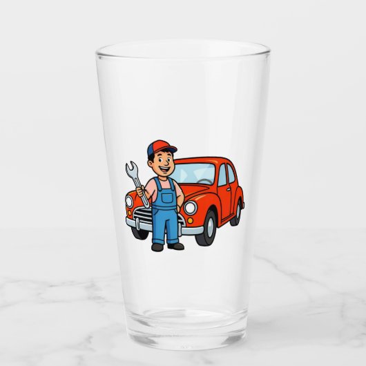 Cute Cartoon Mechanic with Red Car Illustration Glas (Vorderseite)