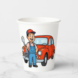Cute Cartoon Mechanic with Red Car Illustration Pappbecher