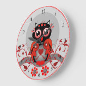 Cute cartoon Owl clock in red, black and grey Große Wanduhr (Winkel)