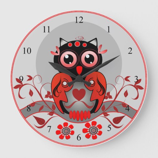 Cute cartoon Owl clock in red, black and grey Große Wanduhr (Vorderseite)