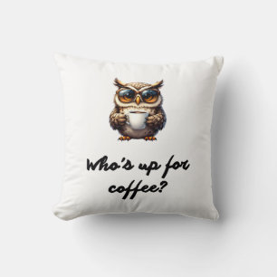 Cute Cartoon Owl with Sungasse Holding Coffee Cu Kissen