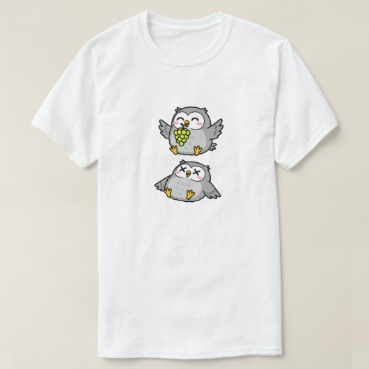 Cute Cartoon Owls Eating Grapes Funny Gray Owl T-Shirt (Design vorne)