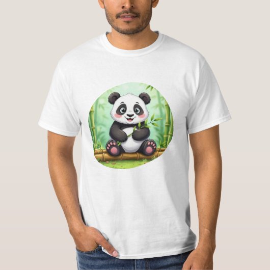 Cute Cartoon Panda on Bamboo Patch T-Shirt (Vorderseite)